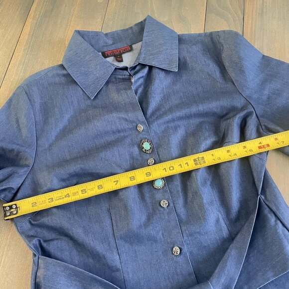Mishca Blue Long Sleeve Shirt Dress w/Belt & Turquoise Ornate Buttons Size 8(MM) - Picture 4 of 9